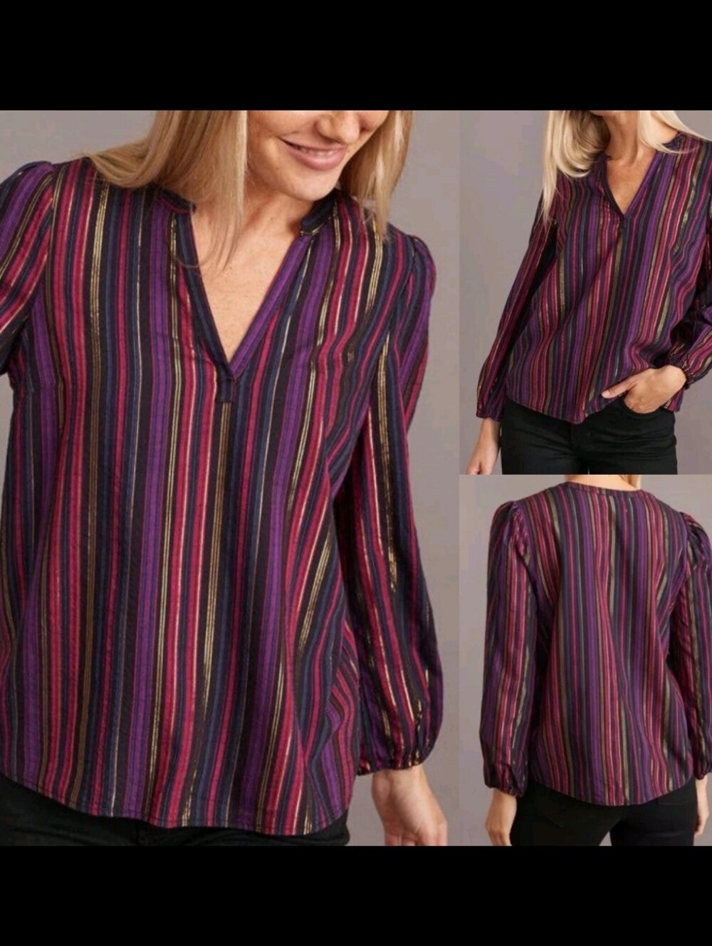 Marine Layer Jamie Banded Collar Top in Lurex Purple Metallic Size M